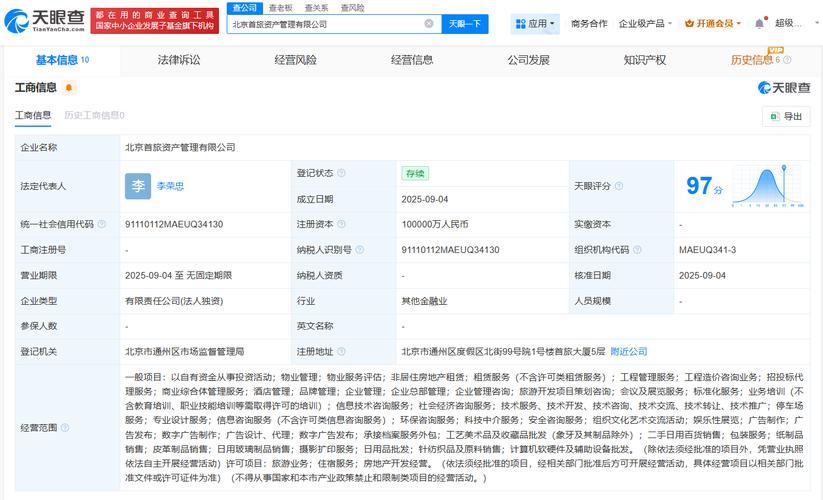 天眼查工商信息显示,近日,北京首旅资产管理成立,法定代表